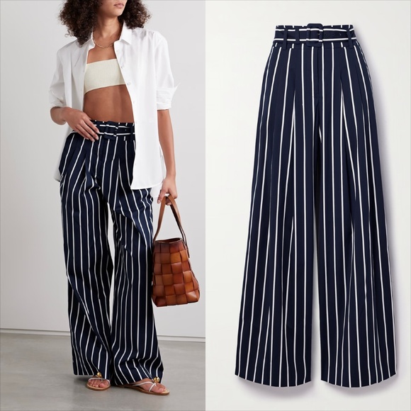 Veronica Beard Maliyah navy stripped belted wide leg cotton pant FINAL PRICE